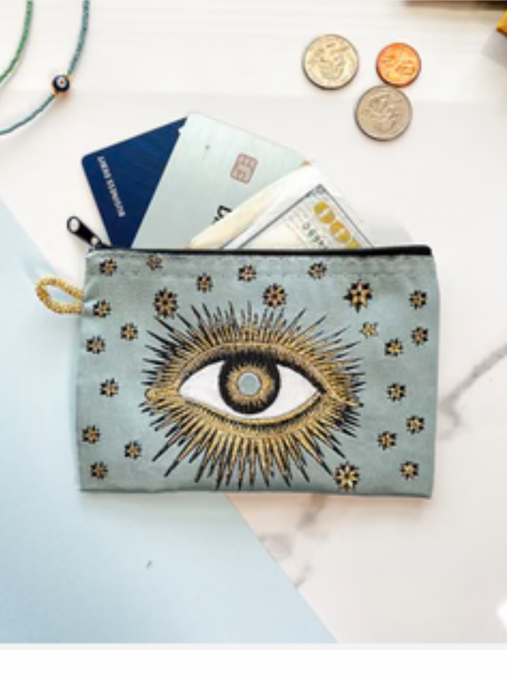 Gold-Evil Eye Embroidered Zip Pouch